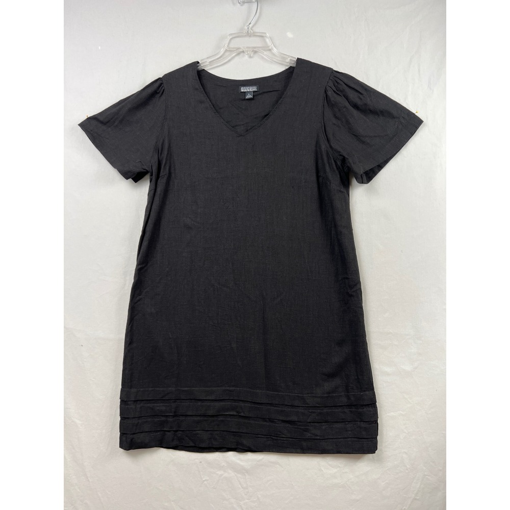Nicole Miller Original Dress Womens Large Black Linen Blend V-Neck Puff Sleeve